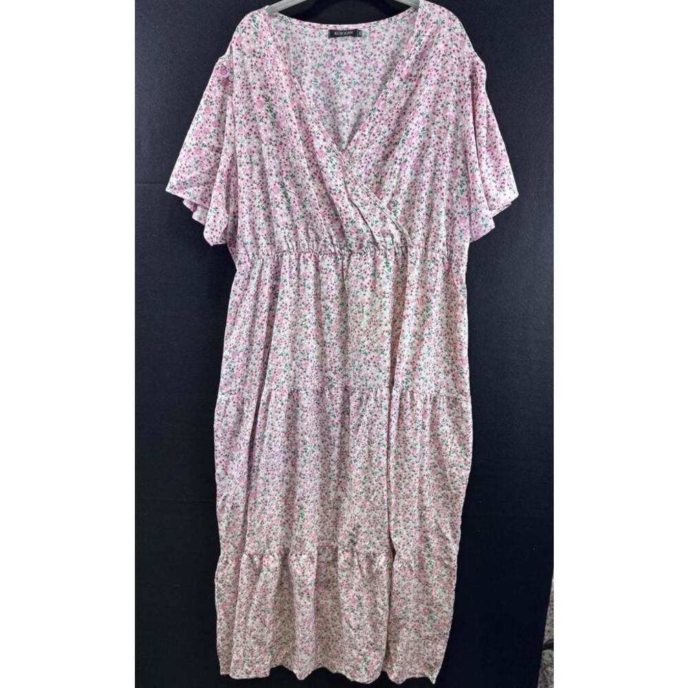 kojooin Women’s Plus 3XL Tiered Pink Maxi dress Flutter Sleeve Fairycore Romance